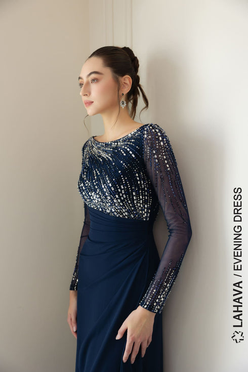 Pleated skirt beaded evening gown